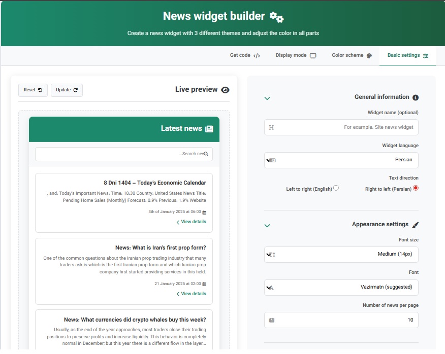 Professional analytical dashboard equipped with live news widget